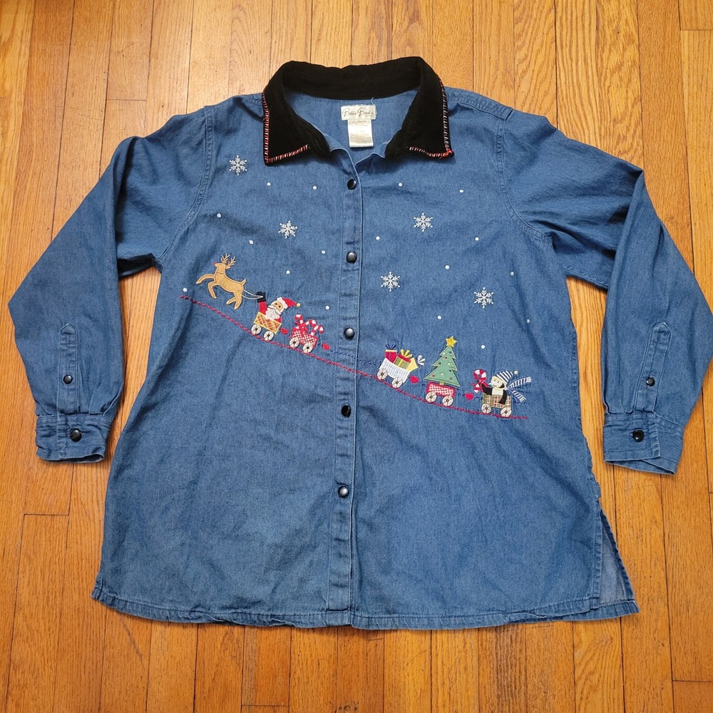 Bobbie Brooks Holiday Santa Christmas Train Denim‎ Shirt 18/20W Blue Vintage 90s